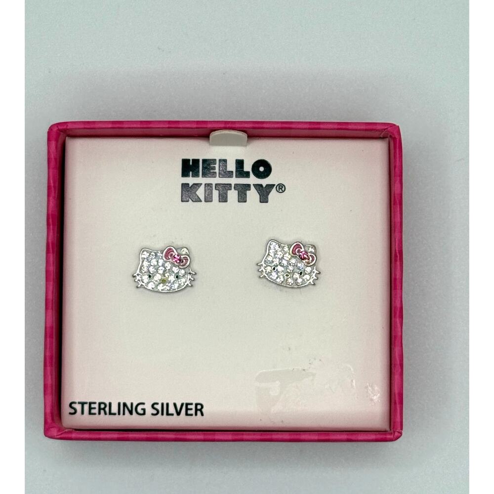 NEW-Hello Kitty Crystal Sterling Silver Earrings Jewelry Kawaii